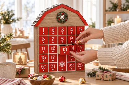 Hände legen eine Schokoladenkugel in eine geöffnete Schublade des Scheunen-Adventskalenders