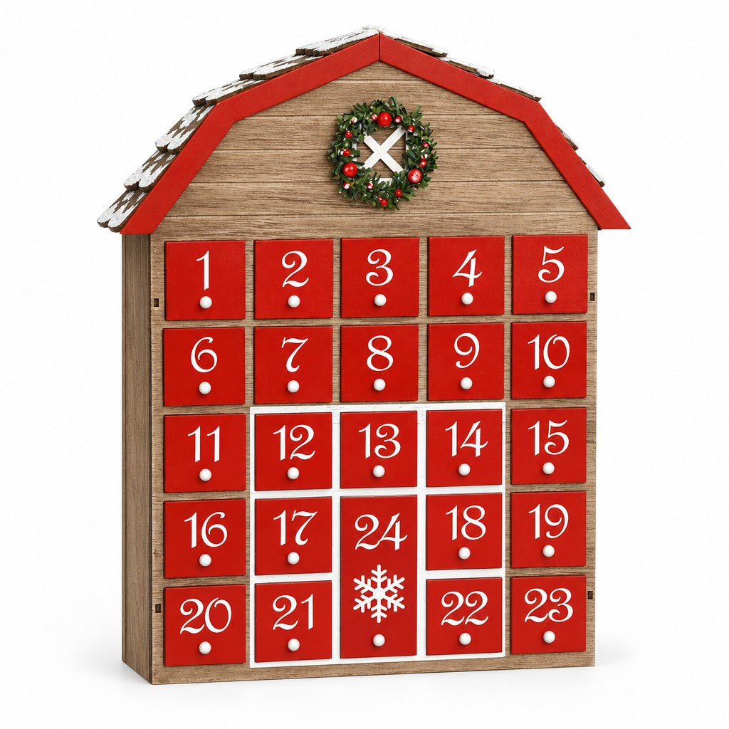 Adventskalender Scheune aus Holz mit rotem Dach, Kranz über dem Tor und 24 roten Schubladen mit weissen Zahlen