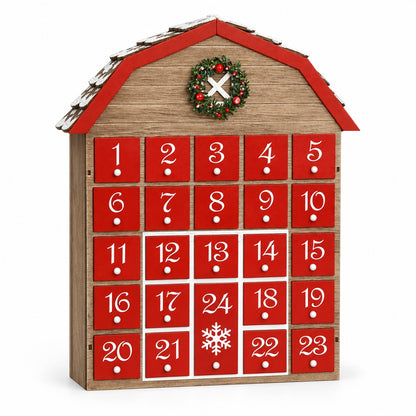 Adventskalender Scheune aus Holz mit rotem Dach, Kranz über dem Tor und 24 roten Schubladen mit weissen Zahlen