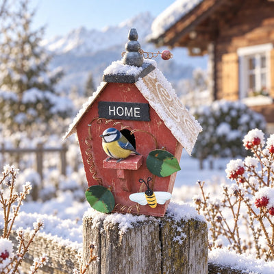 Holz Vogelhaus rot mit Home Schild und Biene auf einem verschneiten Zaunpfosten, Blaumeise am Einflugloch