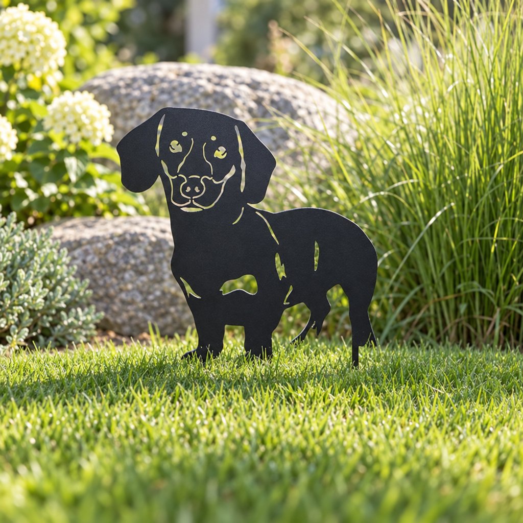 Hund Gartenstecker Dackel als schwarze Metall-Silhouette im Rasen vor einem Stein, wetterfeste Gartendeko
