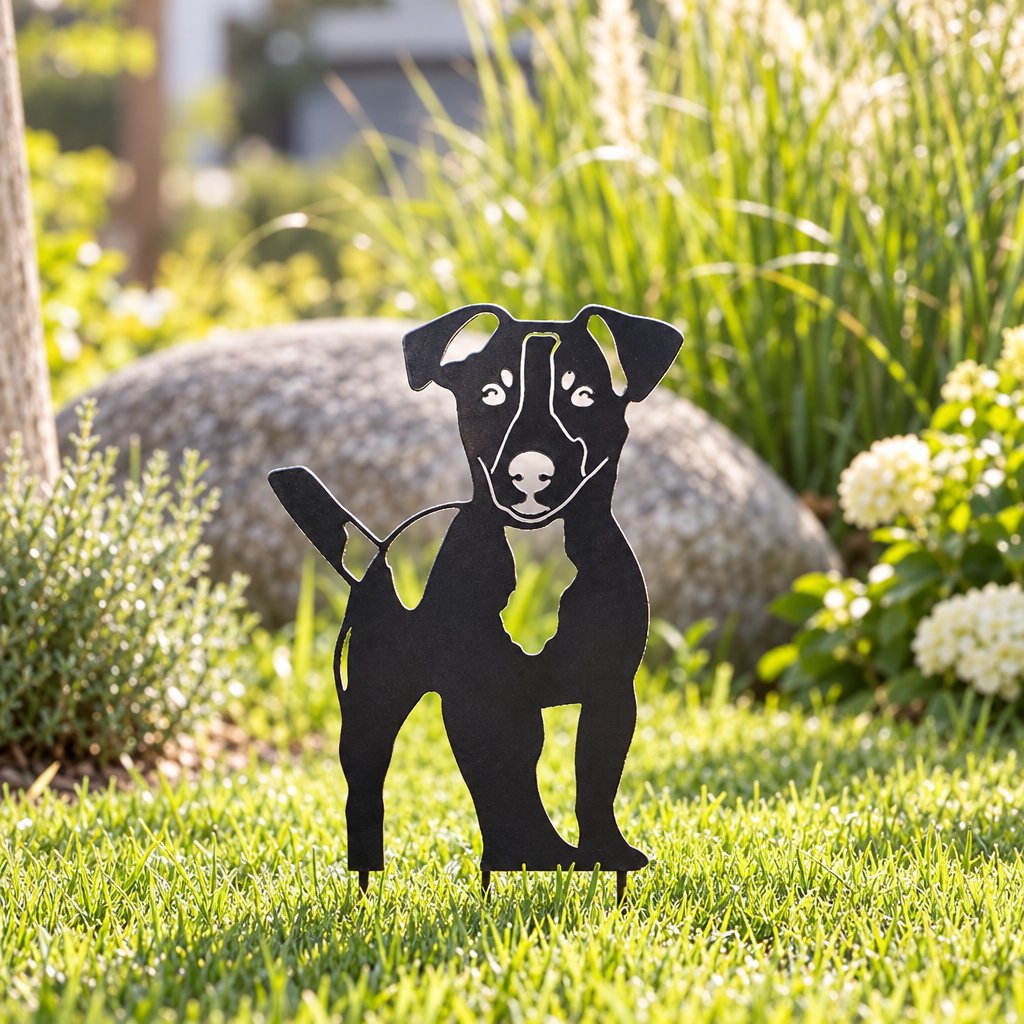 Jack Russell Terrier als Hund Gartenstecker, schwarze Metall-Silhouette mit Erdspiessen im Rasen
