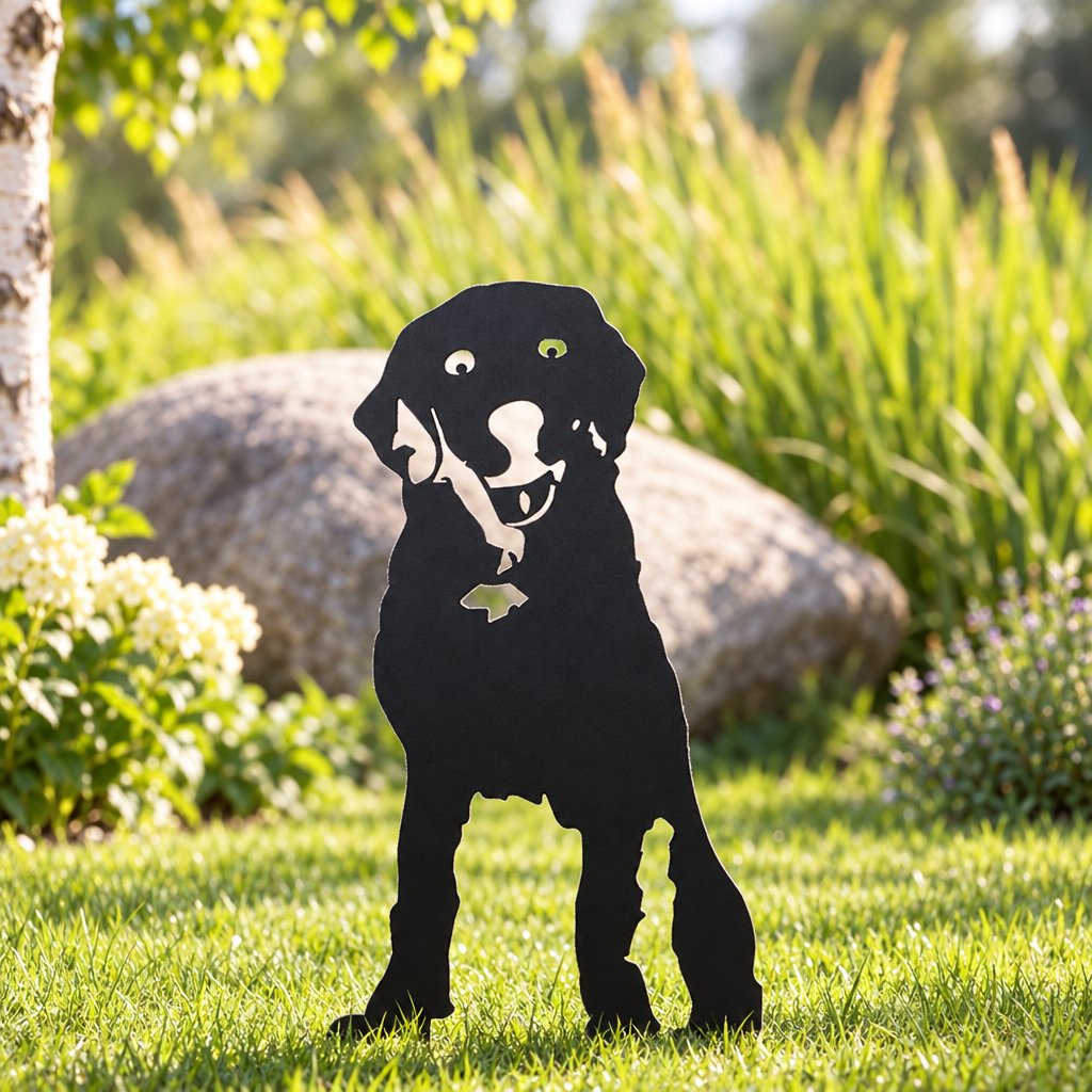Gartenstecker Hund Labrador Retriever aus schwarzem Metall im Garten, Silhouette mit Halsband und Marke