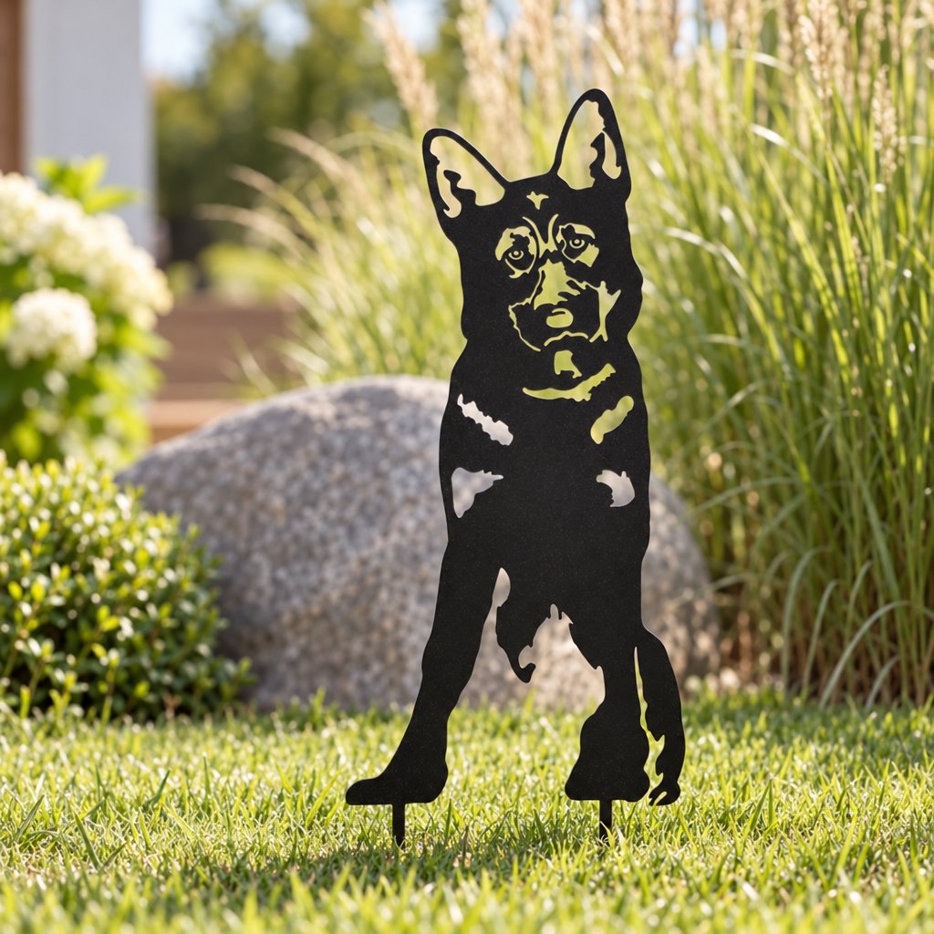 Deutscher Schäferhund als Gartenstecker aus Metall, schwarze Silhouette im Rasen vor Gräsern