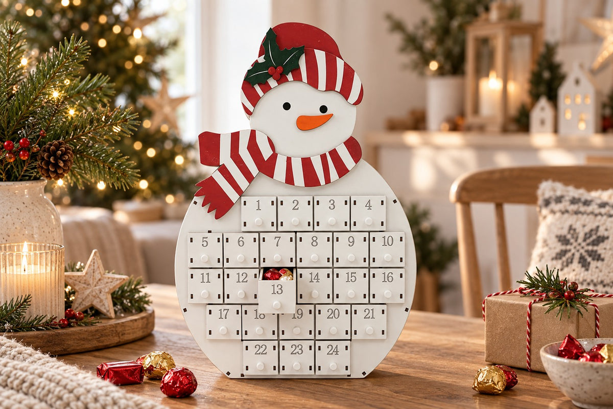 Schneemann-Adventskalender mit geöffneter Schublade 13, gefüllt mit Schokolade, auf dem Esstisch