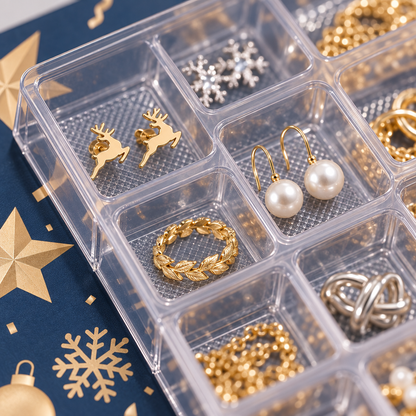 Durchsichtige Fächer mit Rentier-Ohrsteckern, Perlen-Ohrhängern und einem goldenen Blätterring auf blauem Karton