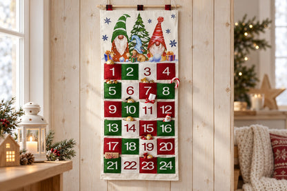 Befüllter Stoff-Adventskalender: aus einigen Taschen schauen Schokolade und eine Zuckerstange