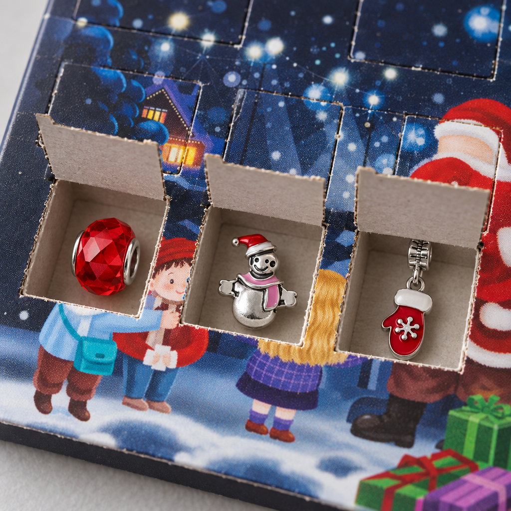 Kartontürchen mit roter Kristallperle, Schneemann-Perle mit Mütze und rotem Handschuh-Anhänger