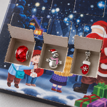 Kartontürchen mit roter Kristallperle, Schneemann-Perle mit Mütze und rotem Handschuh-Anhänger
