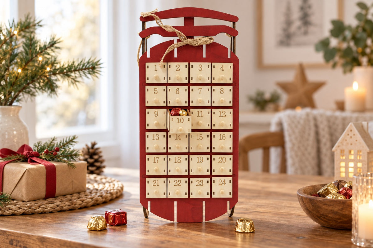 Schlitten-Adventskalender mit geöffneter Schublade 10, gefüllt mit Schokolade, auf dem Esstisch