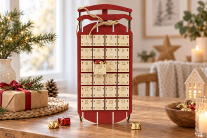Schlitten-Adventskalender mit geöffneter Schublade 10, gefüllt mit Schokolade, auf dem Esstisch