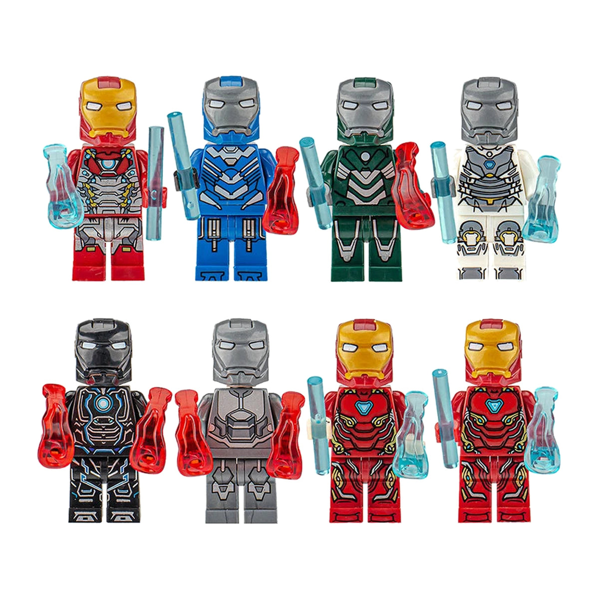 Acht Iron-Man-Minifiguren in verschiedenen Rüstungen mit transparenten Repulsor-Effekten