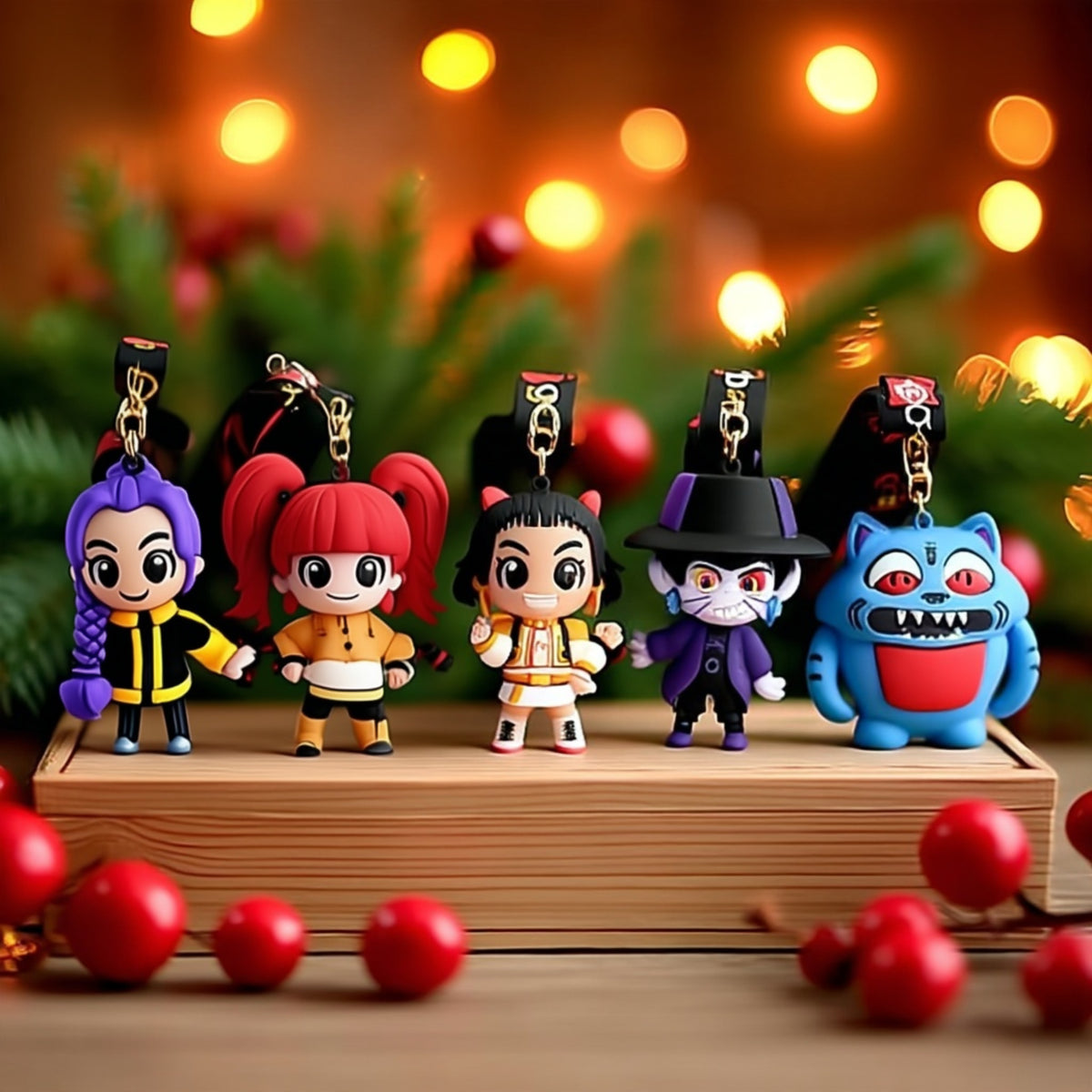 Fünf K-Pop Demon Hunters Schlüsselanhänger auf einer Holzkiste vor Weihnachtslichtern