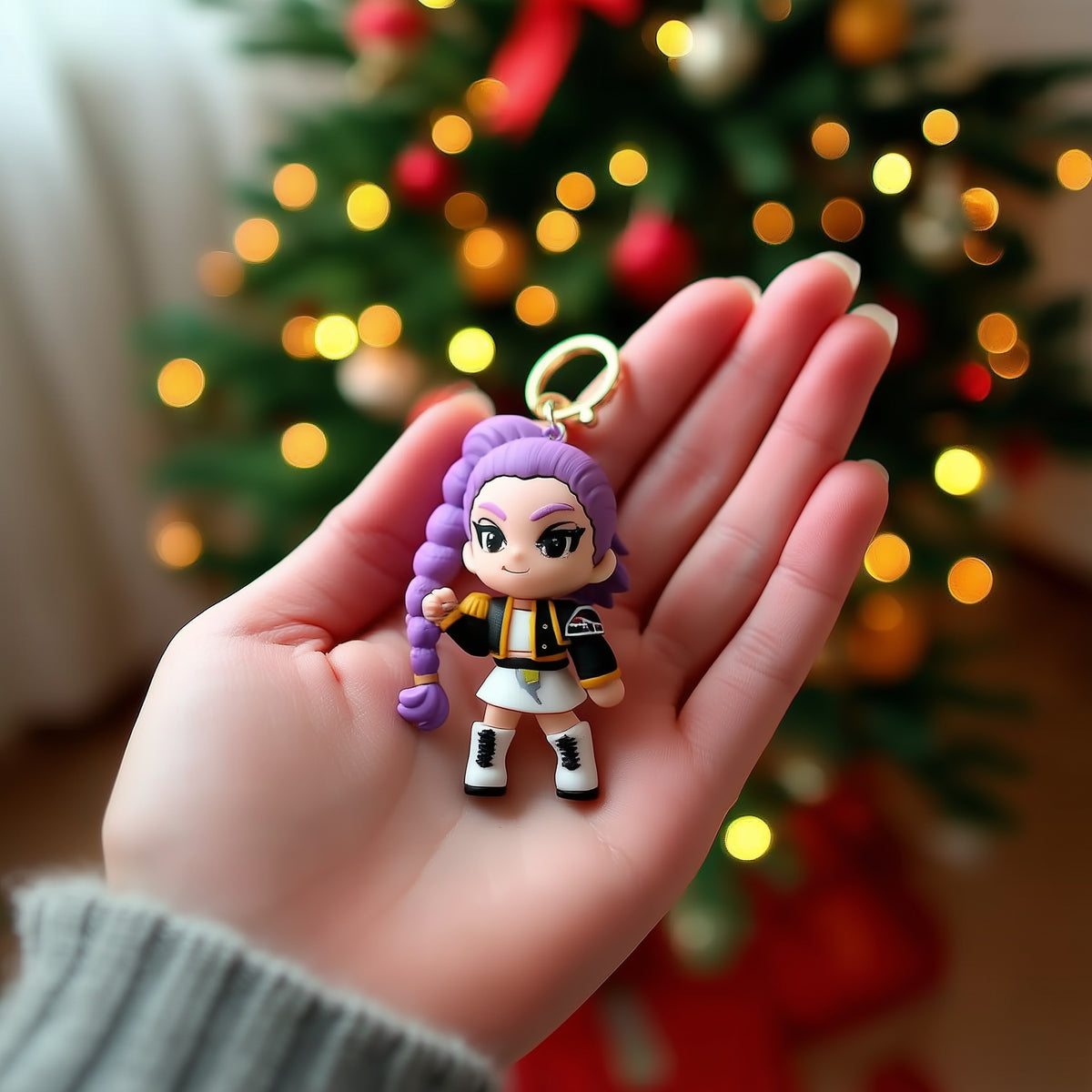 K-Pop Demon Hunters Figuren-Anhänger mit lila Zopf in einer Kinderhand vor dem Weihnachtsbaum