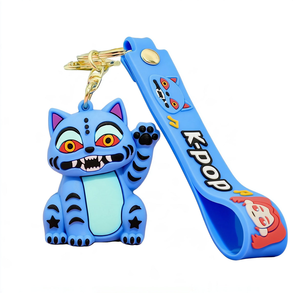 K-Pop Demon Hunters Schlüsselanhänger blaue Katze mit blauem K-pop Riemen