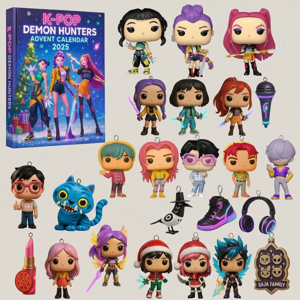 Die wunderschön gestaltete Geschenkbox des K-Pop Adventskalenders 2025 Mädchen Überraschung – Demon Hunters Figuren im Weihnachtsdesign.