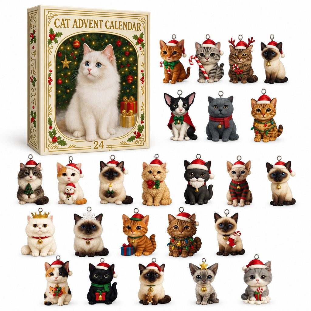 Katzen Adventskalender: cremefarbene Box mit weisser Katze, daneben 24 Katzen-Anhänger mit Weihnachtsmützen