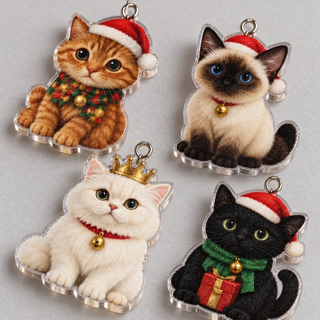Rote Katze mit Mütze, Siamkatze mit Glöckchen, weisse Katze mit Krone und schwarze Katze mit Geschenk