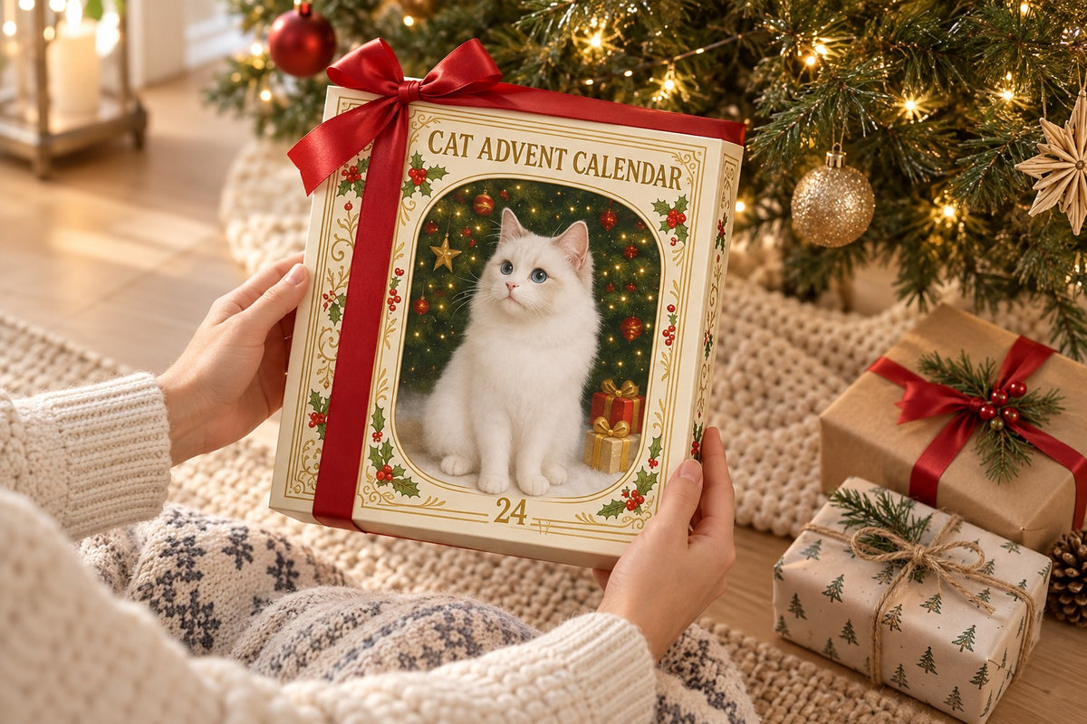 Hände halten die Cat-Advent-Calendar-Box mit roter Schleife vor Päckchen mit Tannenzweigen