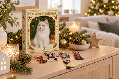 Creme-goldene Katzen-Box auf einer Holzkommode mit Windlichtern, davor verstreute Acryl-Katzen