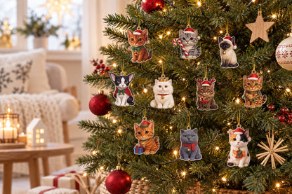 Acryl-Katzen hängen zwischen Strohsternen und roten Kugeln an einem beleuchteten Tannenbaum