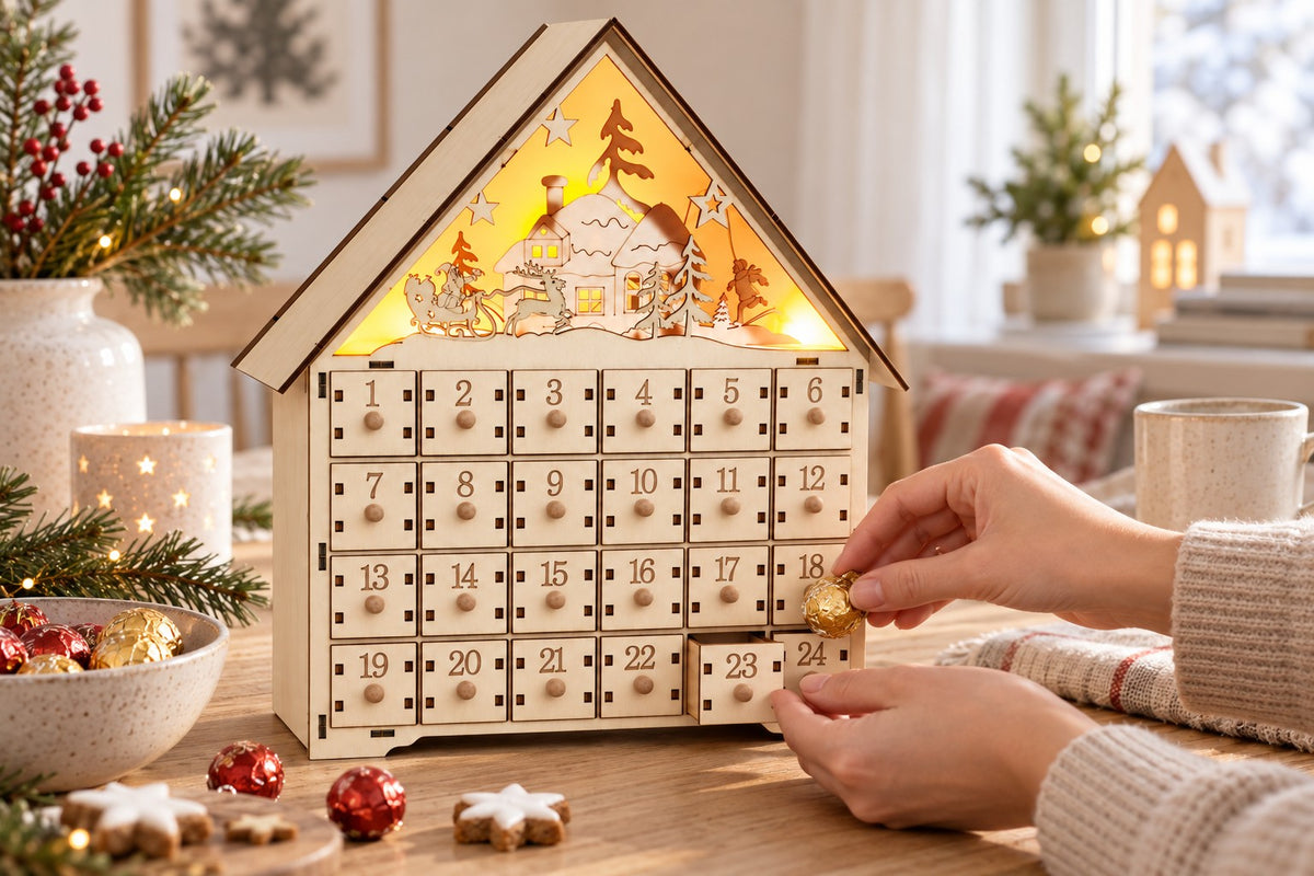 Hände legen eine Praline in eine geöffnete Schublade des beleuchteten Holz-Adventskalenders