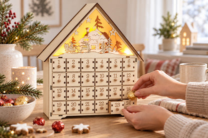 Hände legen eine Praline in eine geöffnete Schublade des beleuchteten Holz-Adventskalenders