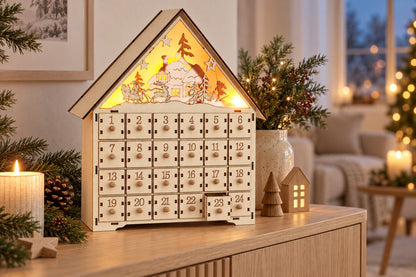 Beleuchteter Holz-Adventskalender auf einem Sideboard am Winterabend neben Kerze und Tannenzweigen