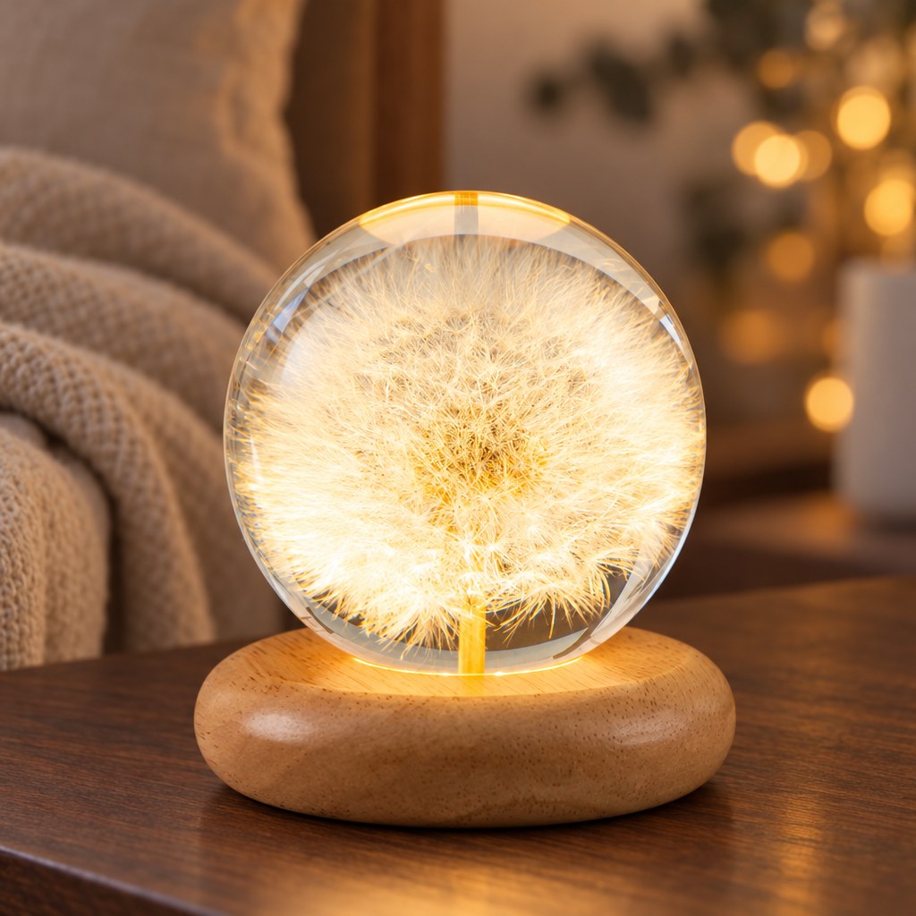 Pusteblume Nachtlicht mit 7 cm Kugel aus klarem Kunstharz auf flachem Holzsockel, dahinter Strickdecke und Lichter