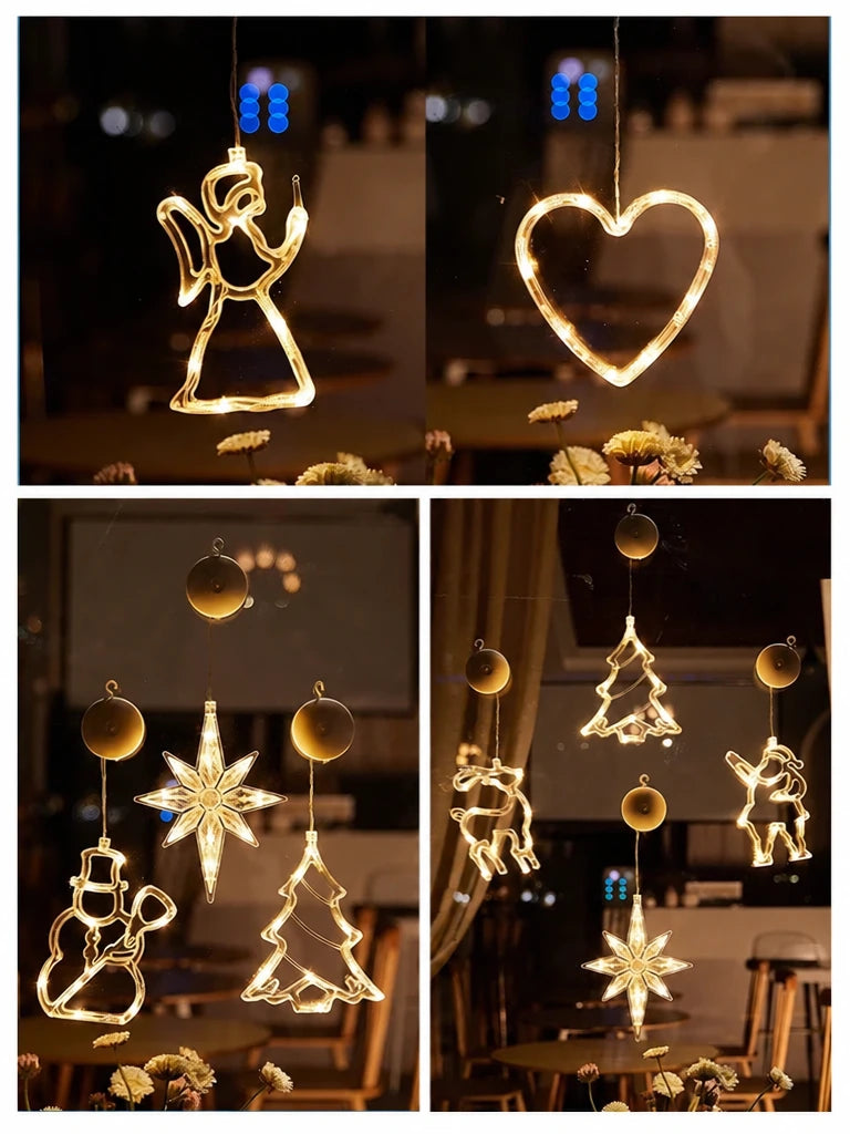 Vier Beispiele für LED Fensterlichter mit Engel, Herz, Stern und Weihnachtsbaum