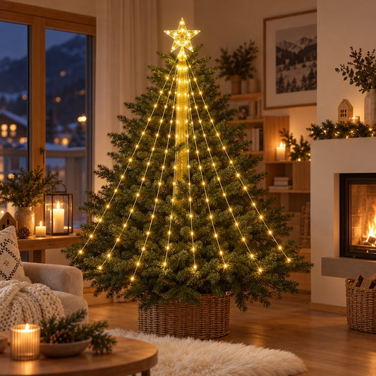 Wasserfall Lichterkette mit Stern in Warmweiss am Weihnachtsbaum im Wohnzimmer mit Kamin