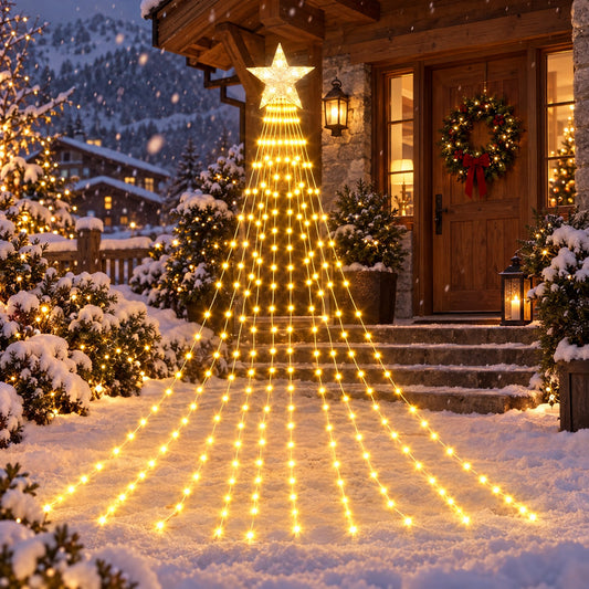 LED Wasserfall Lichterkette mit Stern im verschneiten Garten zur Weihnachtszeit