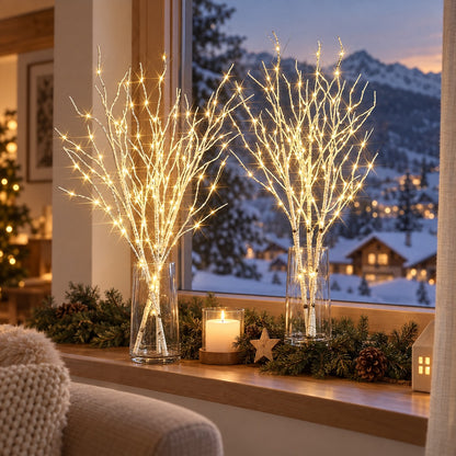Weisse LED Zweige in Birken-Optik in zwei Glasvasen am Fenster mit Schneelandschaft, dekorative LED-Leuchte