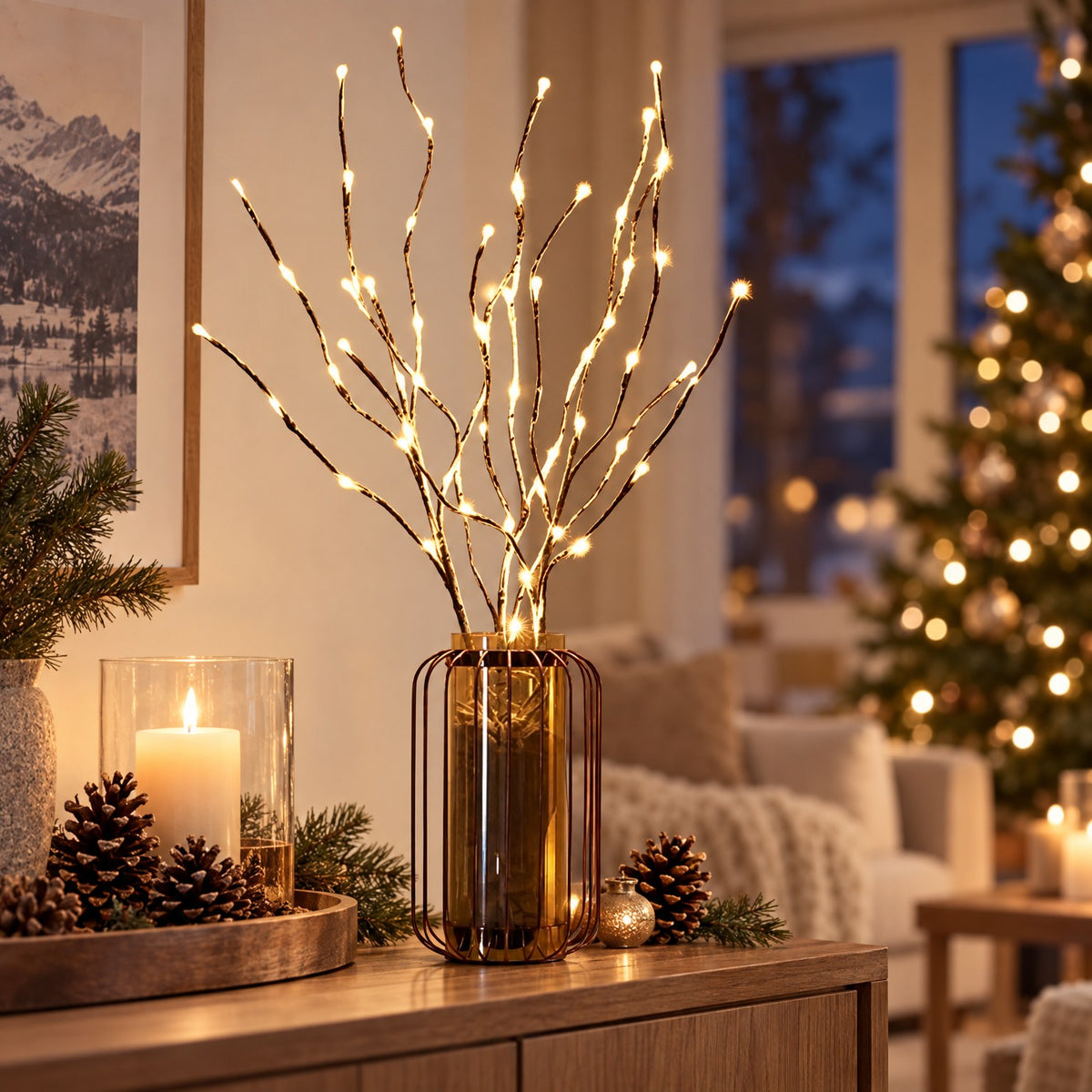 LED Zweige in Eichen-Optik in Gittervase auf Sideboard mit Kerze und Tannenzapfen, weihnachtliche LED-Leuchte