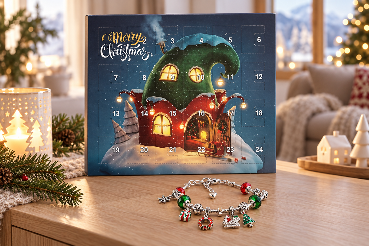 Wichtelhaus-Kalender mit grünem Zipfeldach auf einem Holztisch, davor ein Armband mit Tannen-Charm