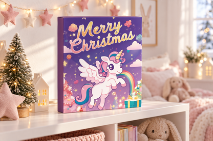 Violette Einhorn-Box im Regal eines rosa Kinderzimmers neben Plüschhase und kleiner Lichtertanne