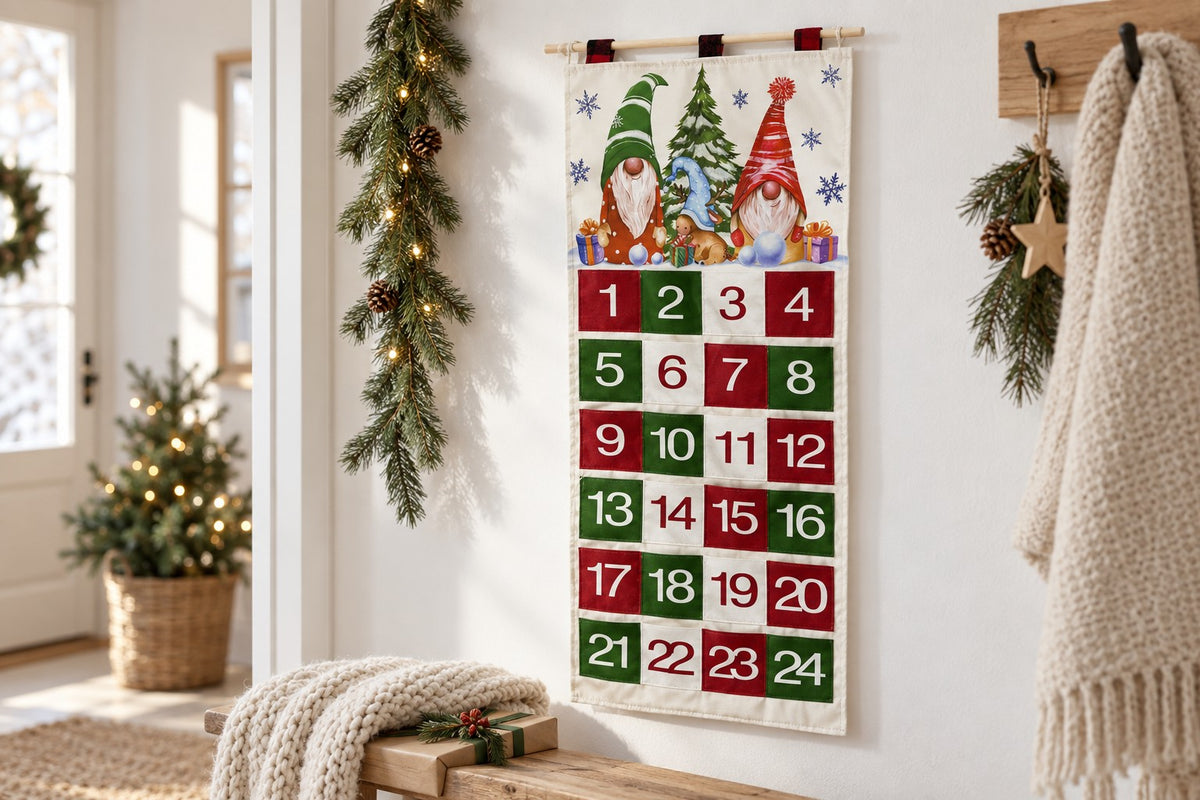 Stoff-Adventskalender mit Wichtel-Motiv hängt im hellen Flur neben Tannengirlande und Holzbank
