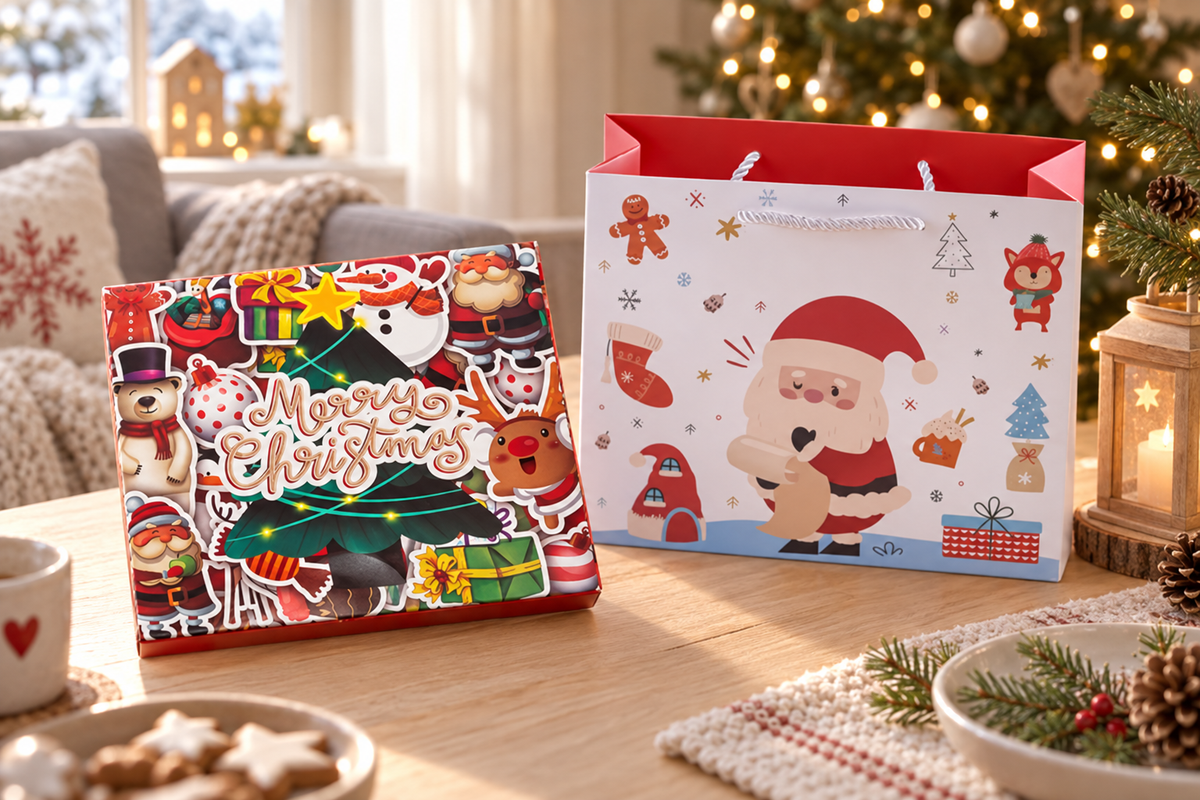 Bunte Sticker-Box und weisse Weihnachtsmann-Tasche auf einem Holztisch neben einer Schale Kekse