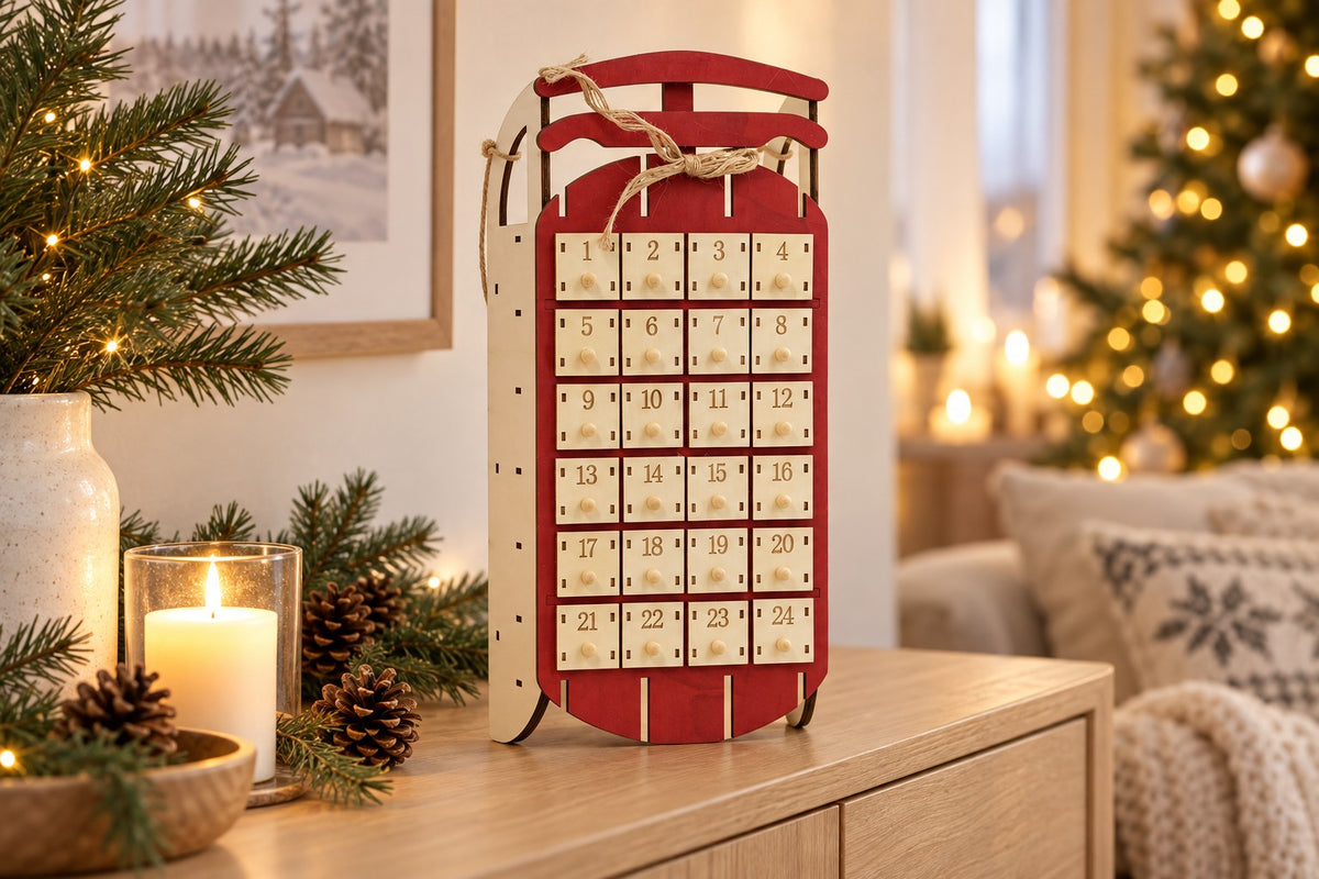 Roter Schlitten-Adventskalender aus Holz steht auf einer Kommode neben Kerze und Tannenzapfen