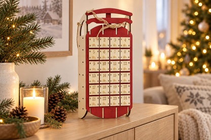 Roter Schlitten-Adventskalender aus Holz steht auf einer Kommode neben Kerze und Tannenzapfen