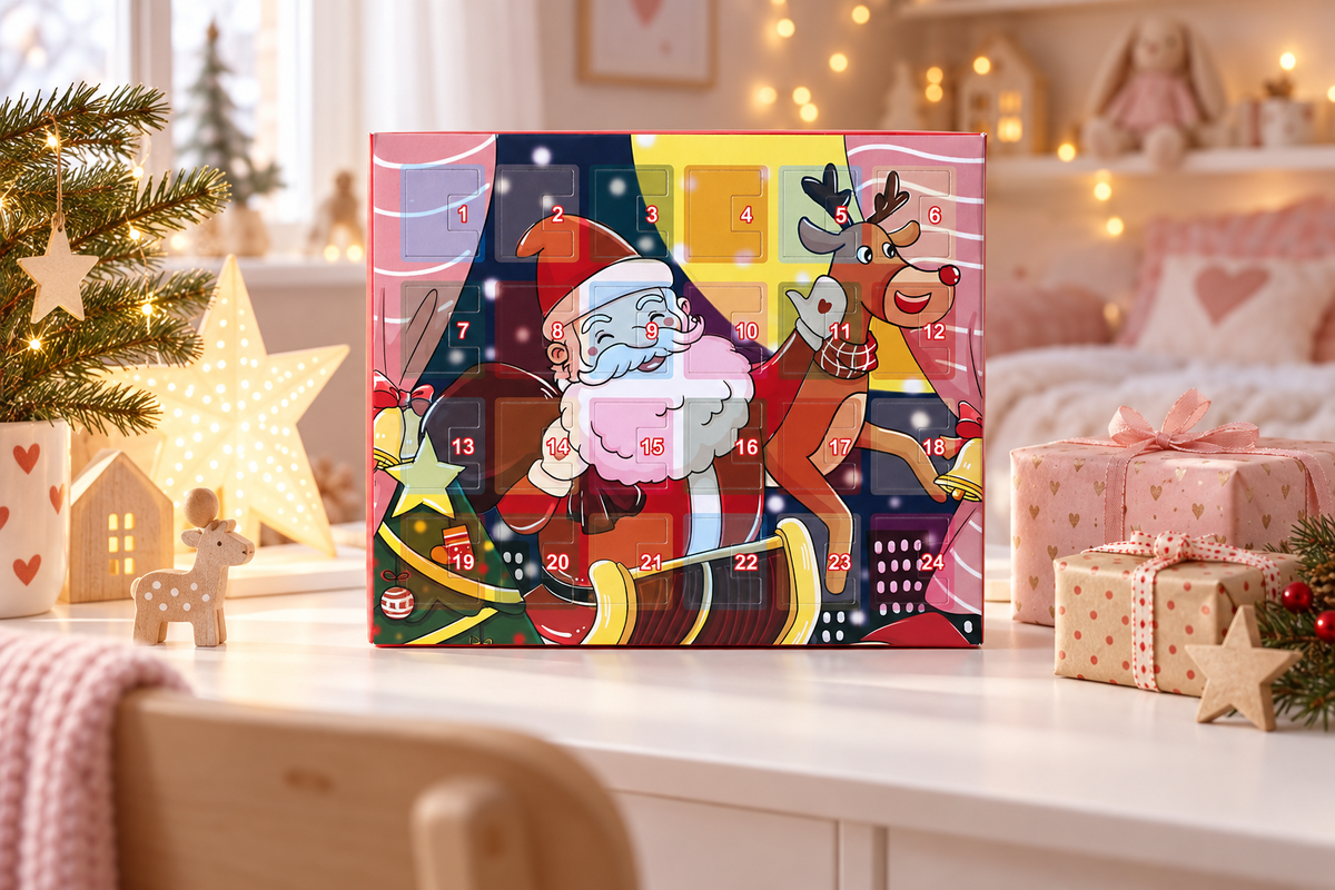 Bunter Fenster-Kalender auf einem Kinderschreibtisch neben rosa Geschenken und einem Leuchtstern