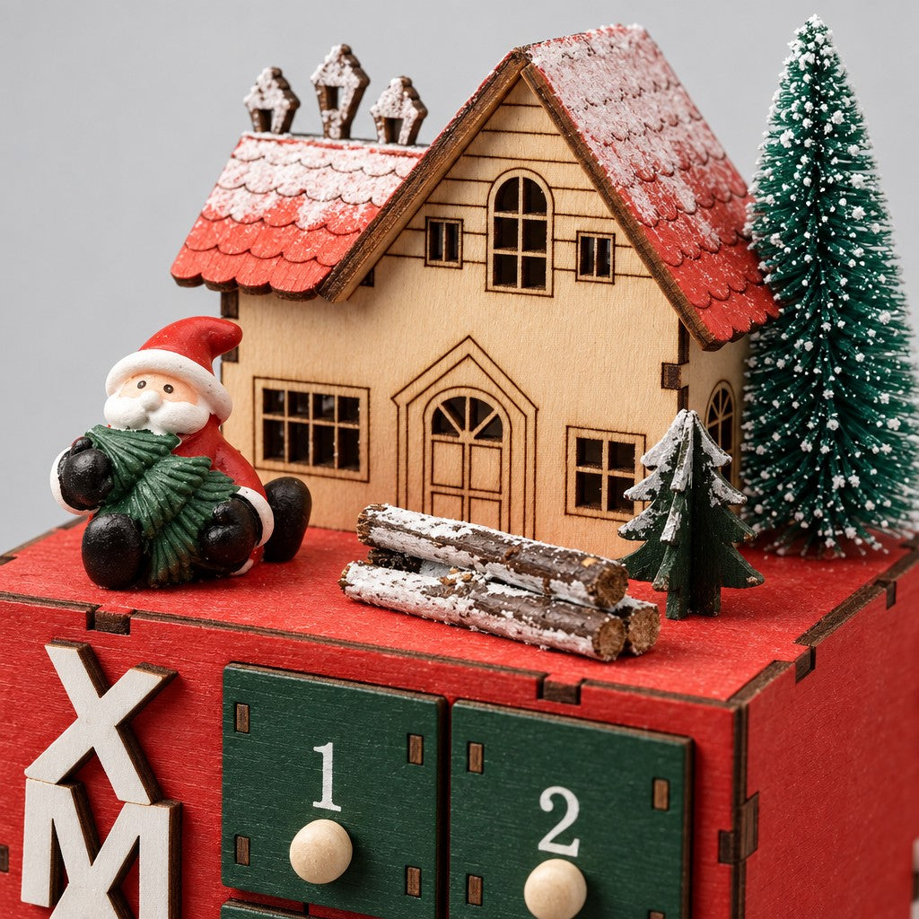 Detail: Holzhäuschen mit verschneitem Dach, Weihnachtsmann-Figur, Holzscheite und Tanne auf dem Würfel