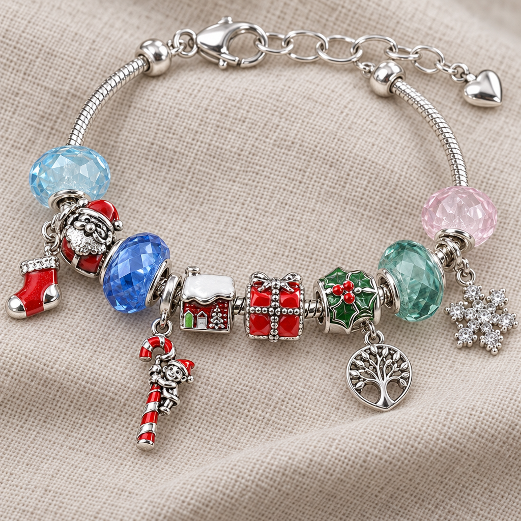 Armband mit hellblauen, rosa und türkisen Kristallperlen, Lebensbaum, Zuckerstange und Strass-Schneeflocke