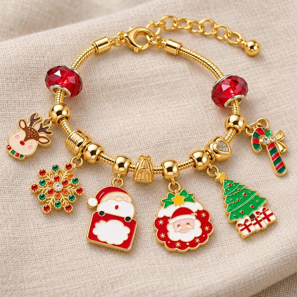 Goldfarbenes Armband mit Rentierkopf, Schneeflocke, zwei Weihnachtsmännern, Tanne und Zuckerstange zwischen roten Glanzperlen
