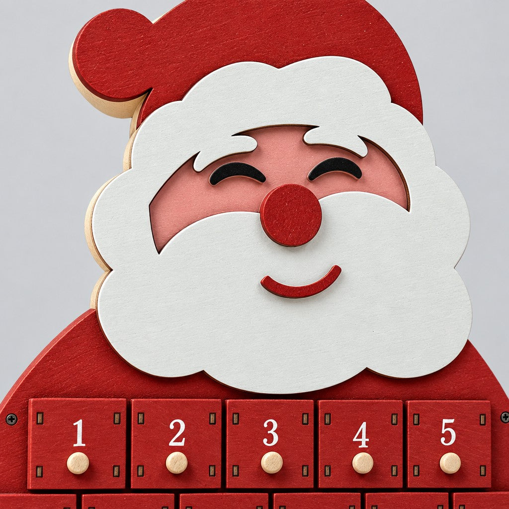 Detail: gelasertes Gesicht des Weihnachtsmanns mit weissem Bart und roter Nase, darunter Schubladen 1 bis 5
