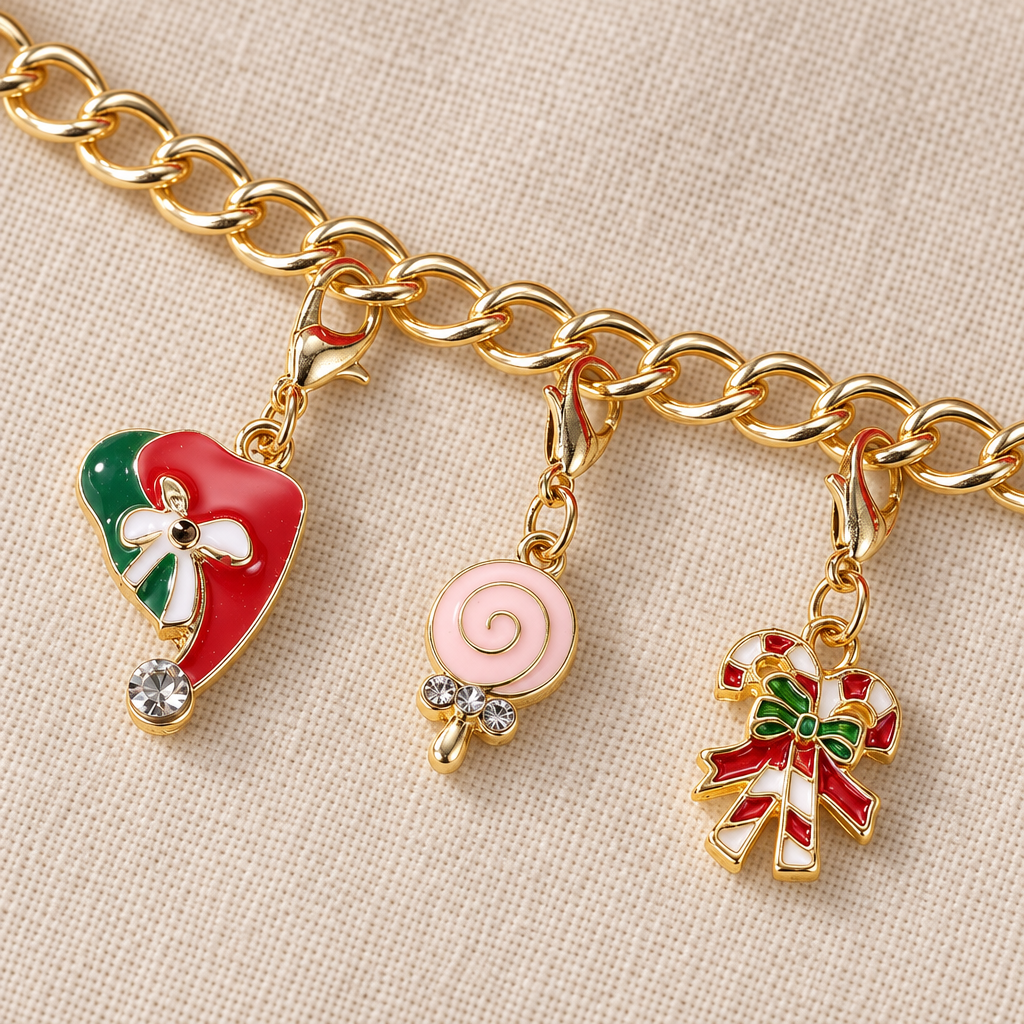 Goldfarbenes Gliederarmband mit eingehängtem Herz, rosa Lolli und Zuckerstangen-Charm