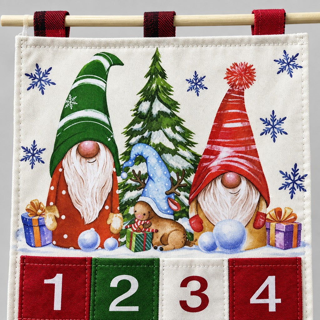 Detail: Wichtel mit grüner, blauer und roter Mütze vor einer Tanne, darunter Stofftaschen 1 bis 4