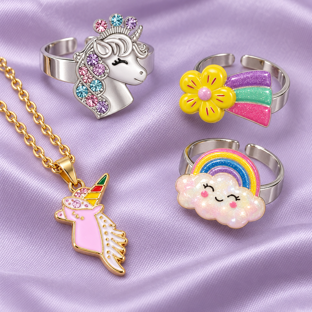 Einhorn-Ring mit Strass, Blumenring mit Regenbogen, Wolkenring und goldfarbene Kette mit rosa Einhorn
