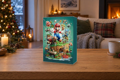 Grüner Mario-Adventskalender auf dem Holz-Couchtisch vor Sofa und Kaminfeuer