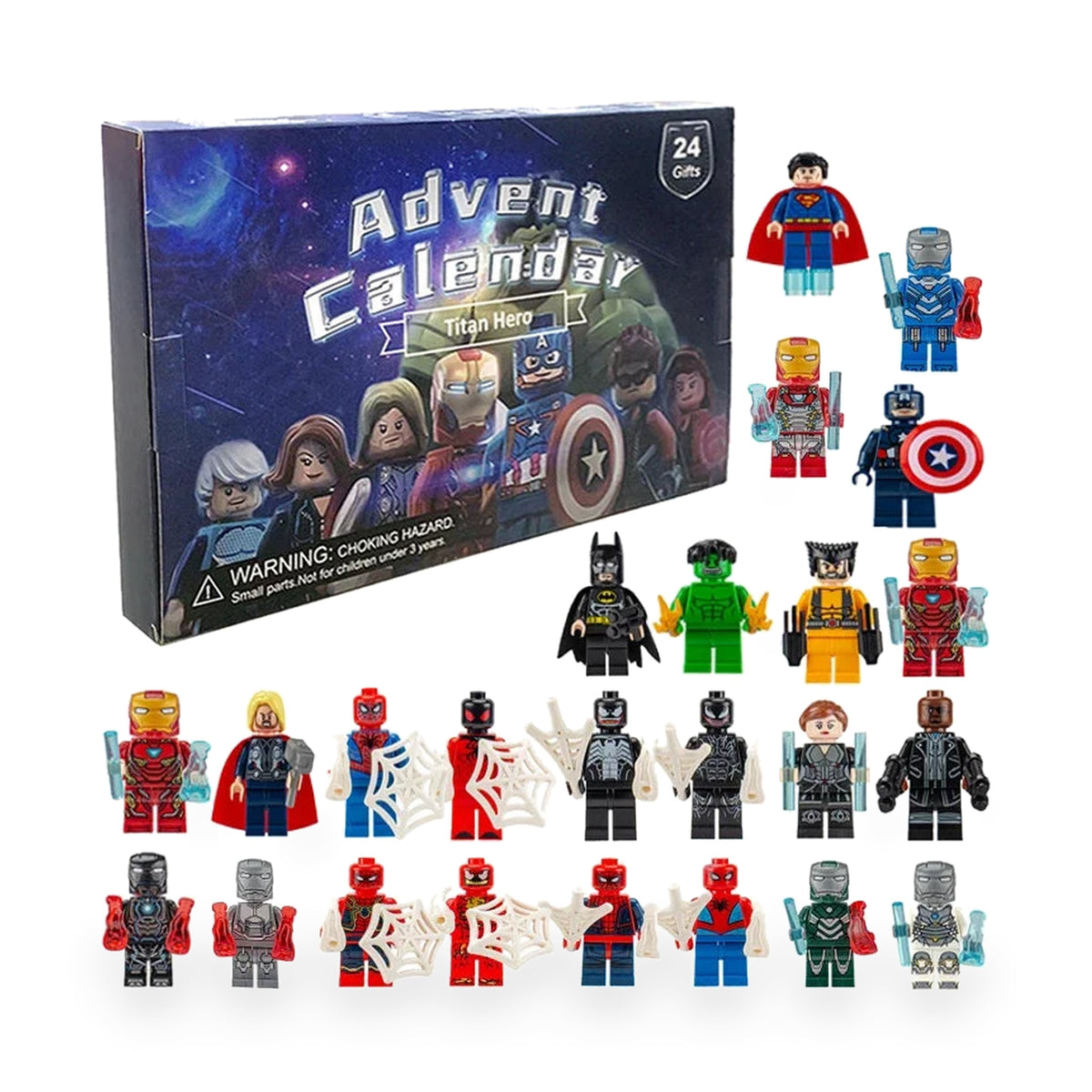 Marvel Minifiguren im Bausteine-Format vor der Titan-Hero-Box: Iron-Man-Rüstungen, Spider-Man, Wolverine, Hulk und Batman